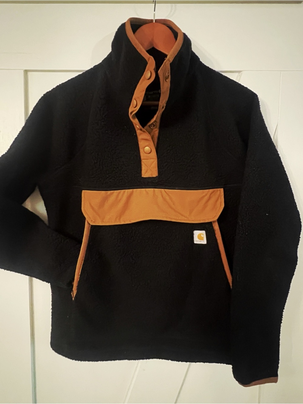 Carhartt women’s Black Sherpa Pullover with Brown Trim